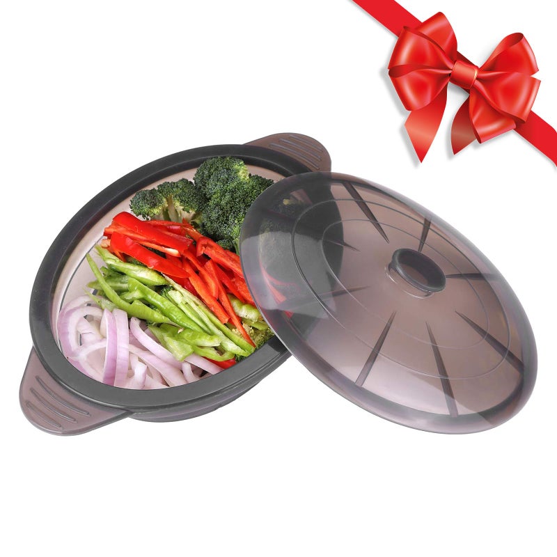 EuChoiz Microwave Steamer Cooker Collapsible Bowl-Silicone Steamer Cookware with Handle Lid for Vegetables Fish Prep Meal Food with Removable Rack BPA Free, Easy to Store, Freezer & Dishwasher Safe, Black - Image 1